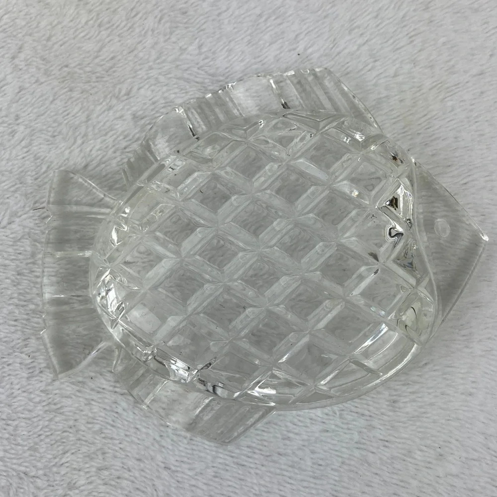 VTG Czechoslovakian Cubist Clear Glass Fish Ashtray Petite Set of 4, 4”